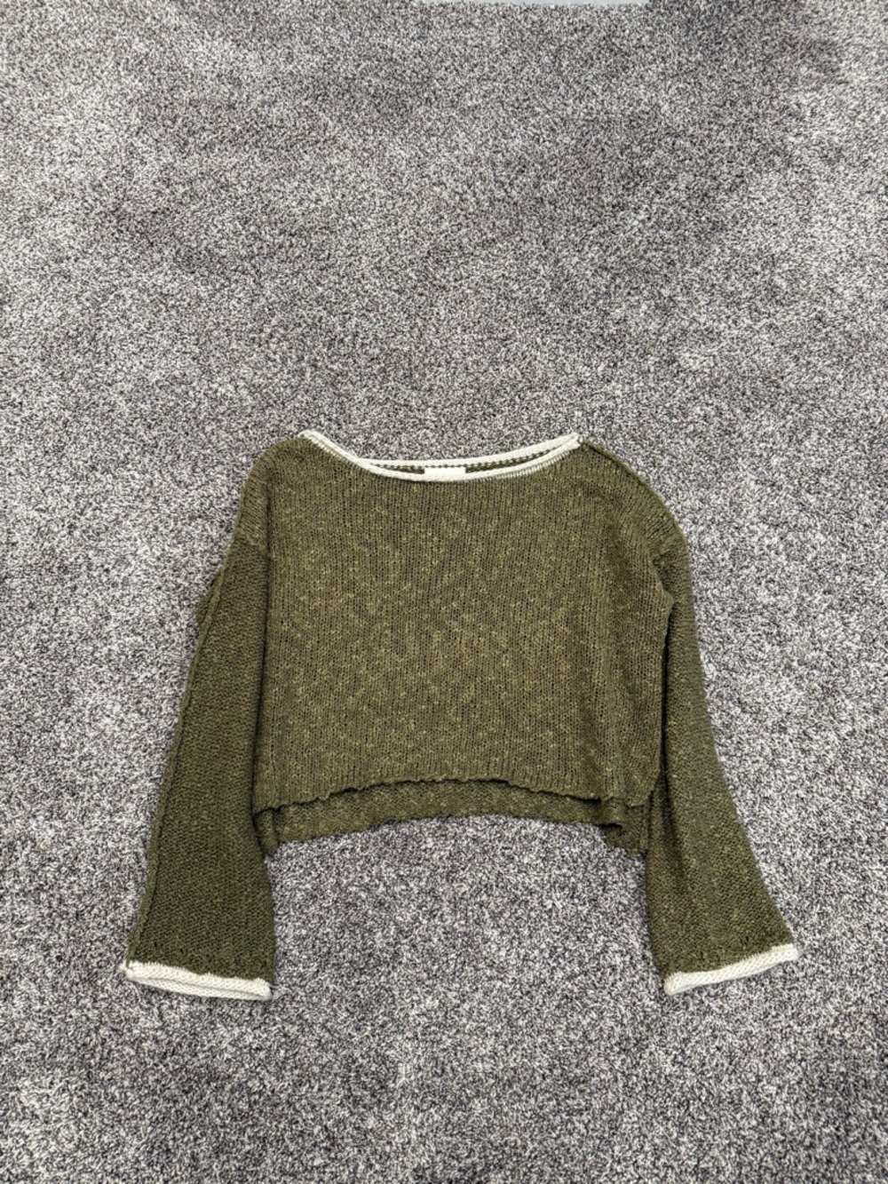 Bohme Cropped Olive Knit Sweater with Cream Trim